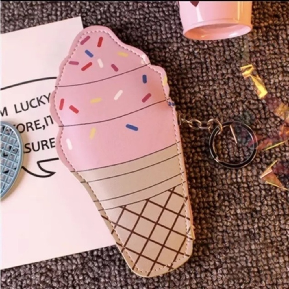 Kawaii Pink Ice Cream Cone Coin Purse Zip Wallet PU Leather NWT
